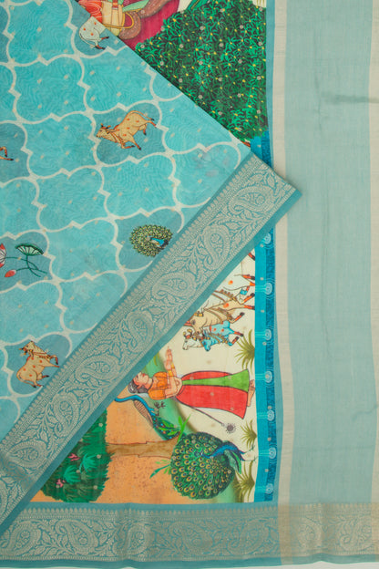 Chanderi Silk Butta And Pichwai Printed Sky Blue Saree