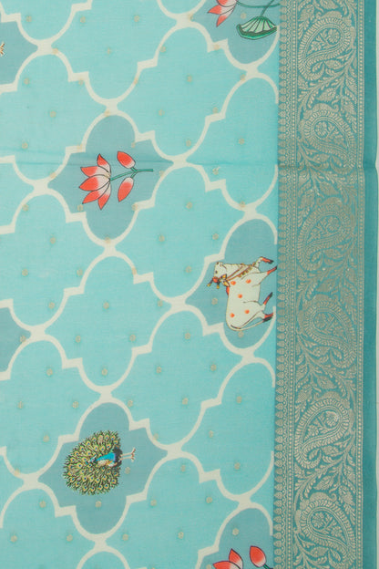 Chanderi Silk Butta And Pichwai Printed Sky Blue Saree
