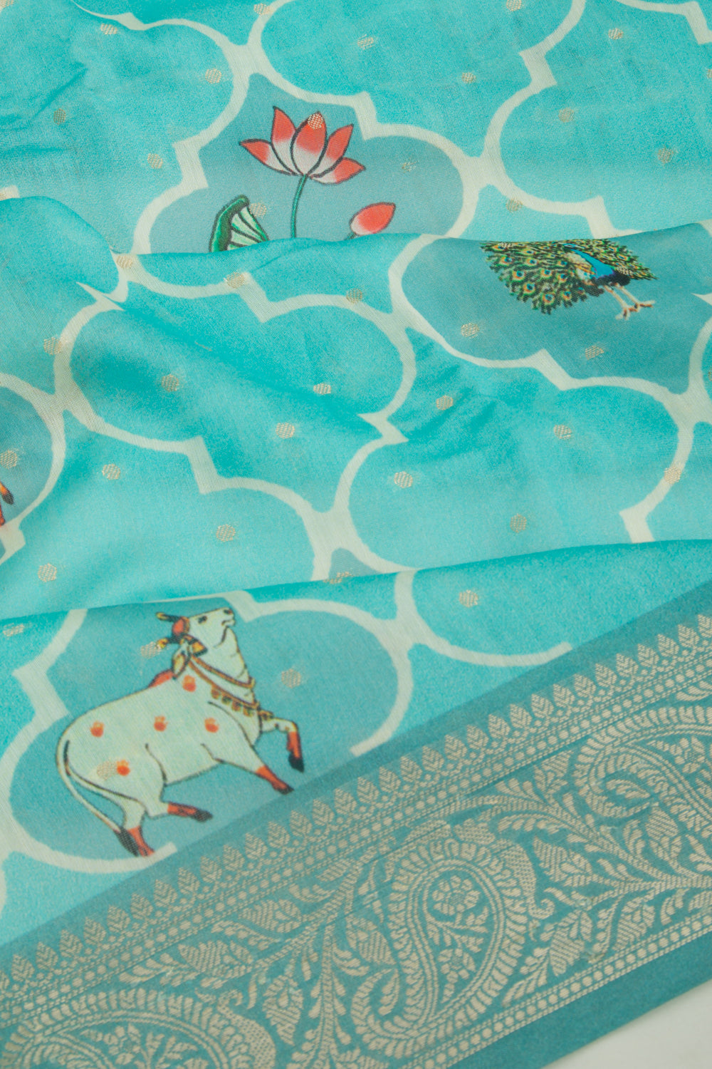 Chanderi Silk Butta And Pichwai Printed Sky Blue Saree