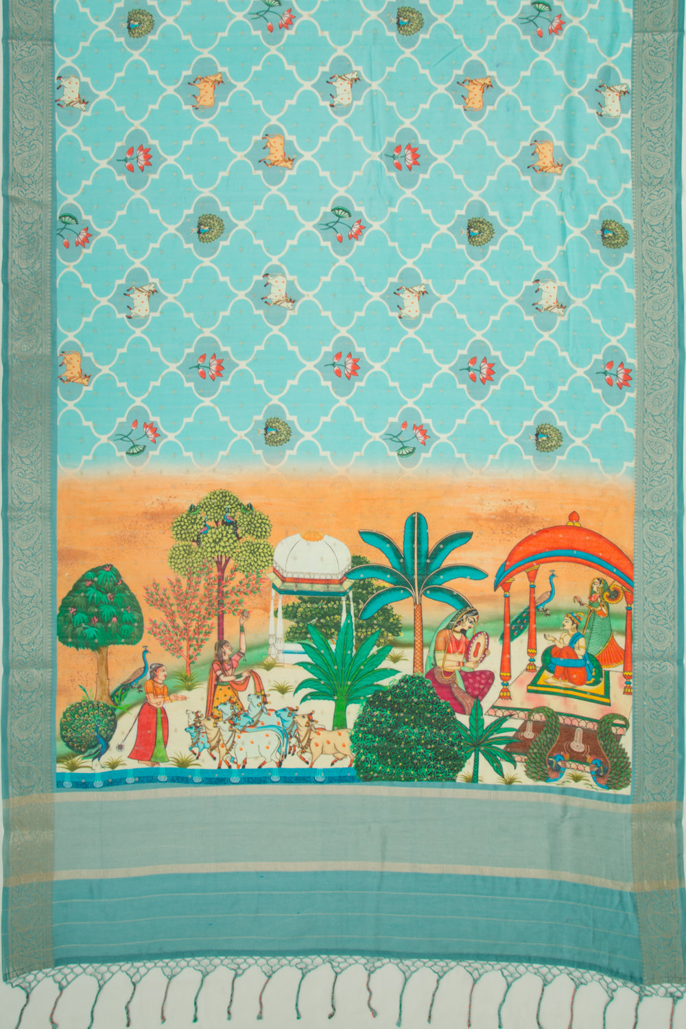 Chanderi Silk Butta And Pichwai Printed Sky Blue Saree