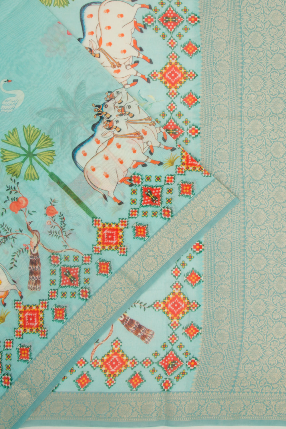 Chanderi Silk Pichwai Printed Sky Blue Saree