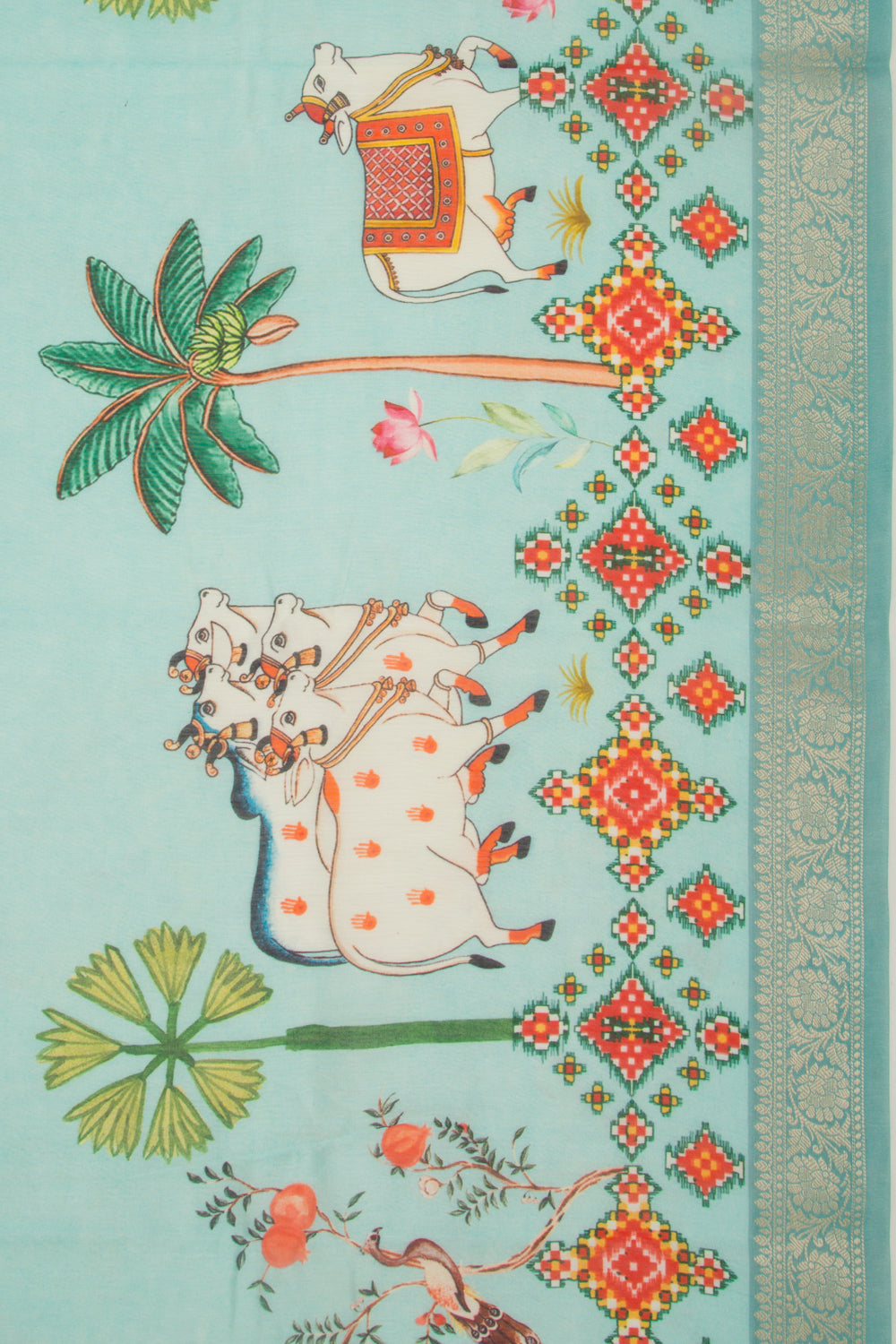 Chanderi Silk Pichwai Printed Sky Blue Saree