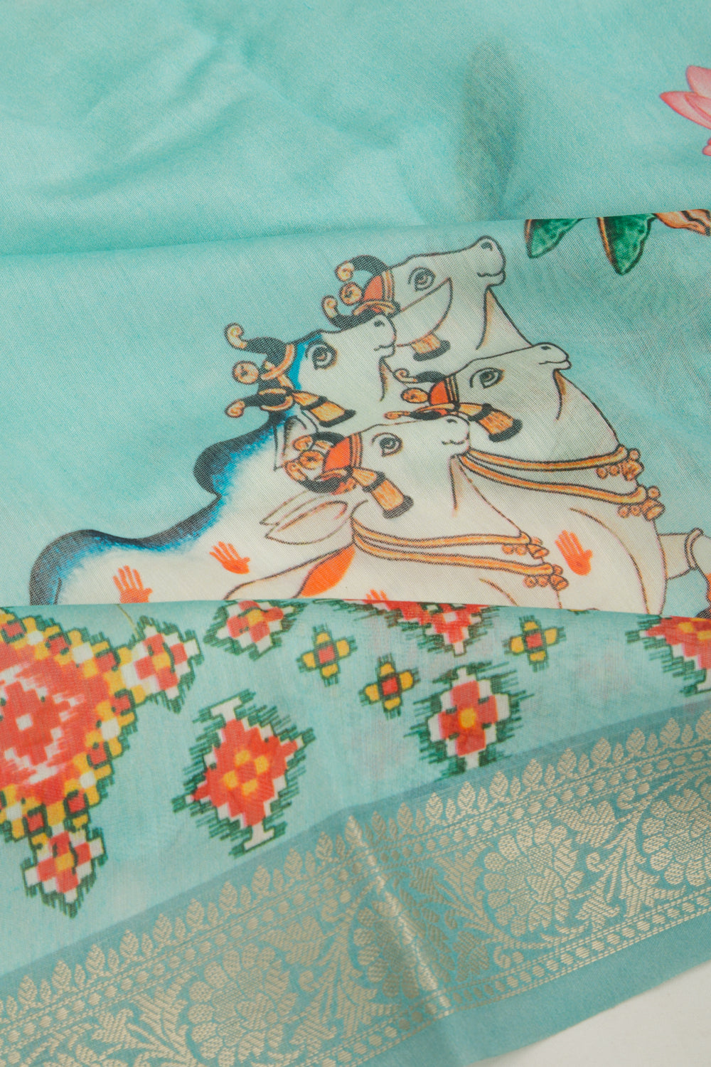 Chanderi Silk Pichwai Printed Sky Blue Saree