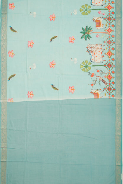 Chanderi Silk Pichwai Printed Sky Blue Saree