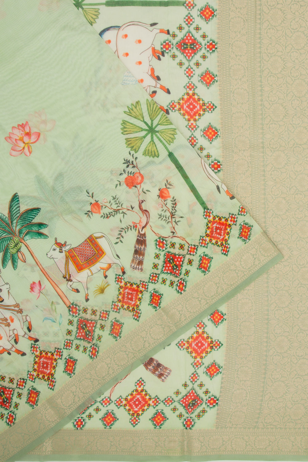 Chanderi Silk Pichwai Printed Green Saree