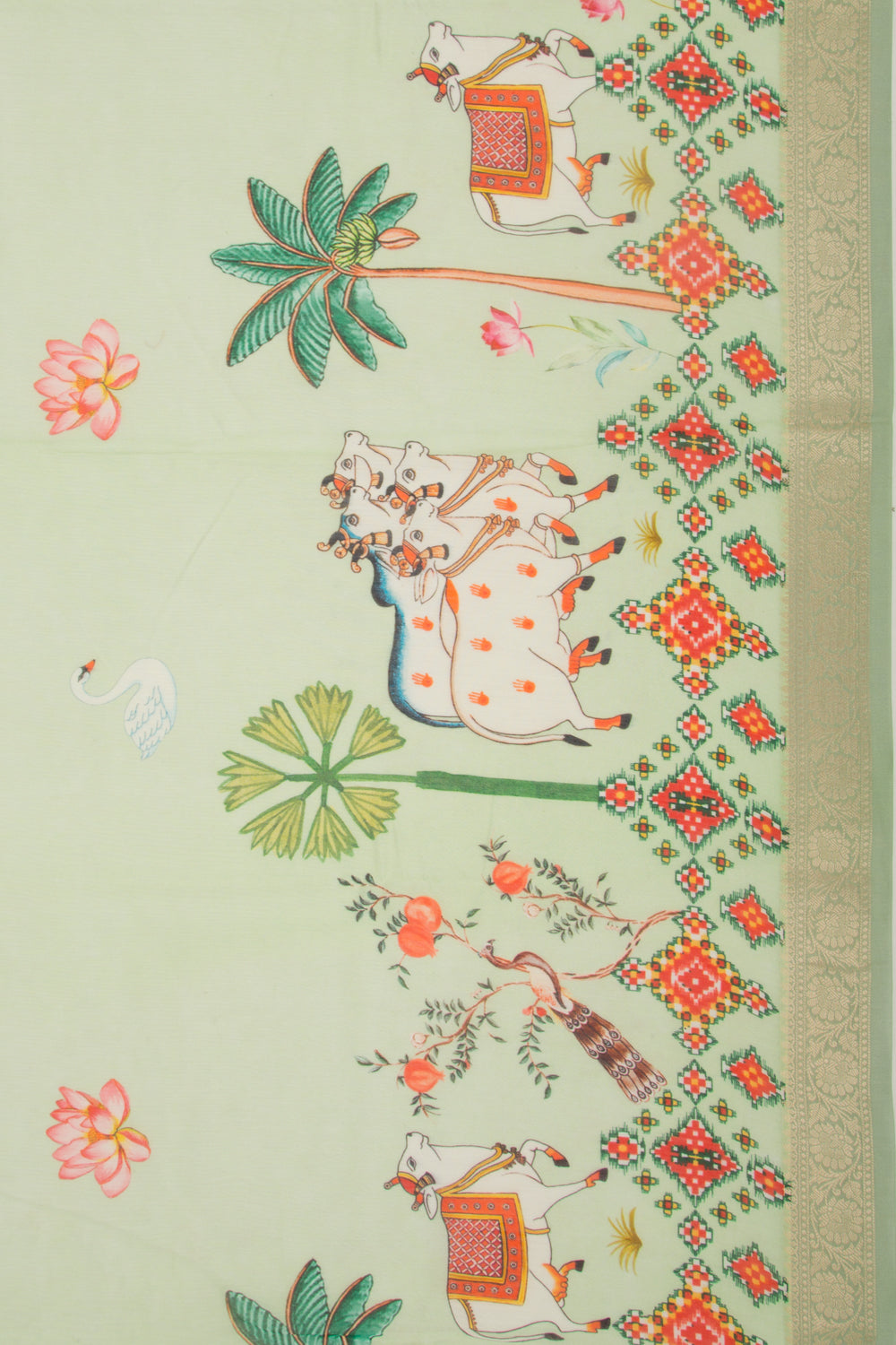 Chanderi Silk Pichwai Printed Green Saree