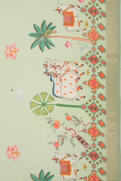 Chanderi Silk Pichwai Printed Green Saree