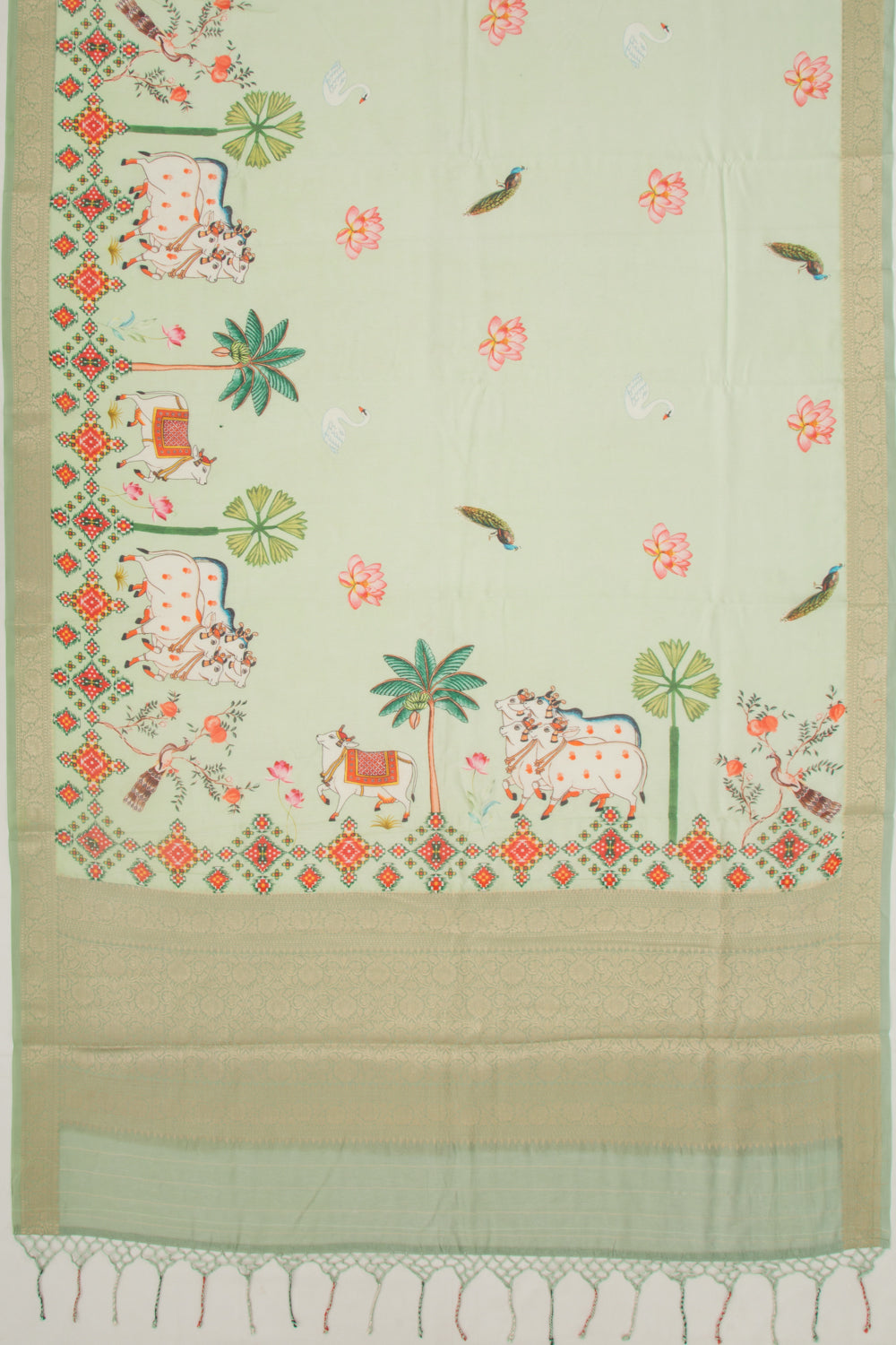 Chanderi Silk Pichwai Printed Green Saree