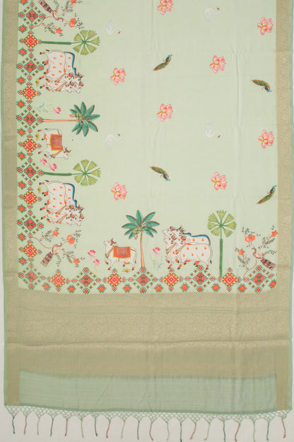 Chanderi Silk Pichwai Printed Green Saree