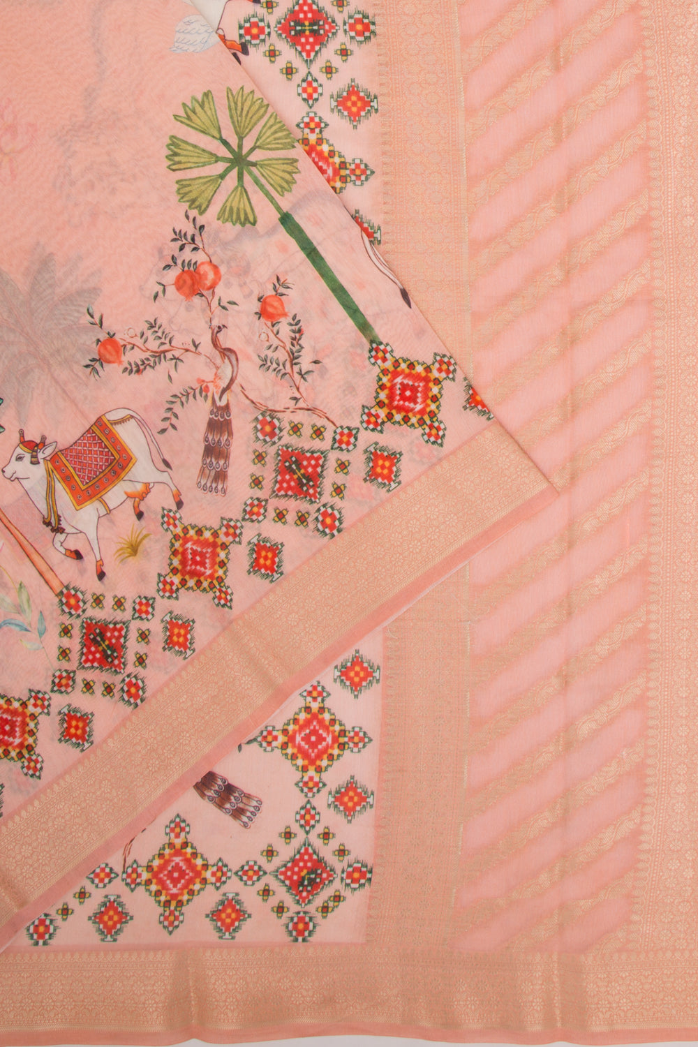 Chanderi Silk Pichwai Printed Peach Saree