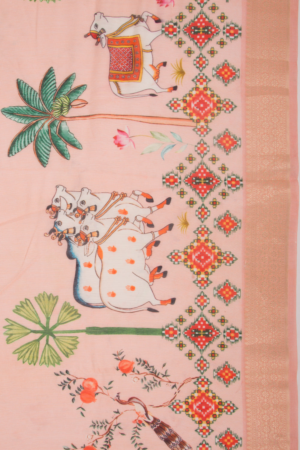 Chanderi Silk Pichwai Printed Peach Saree