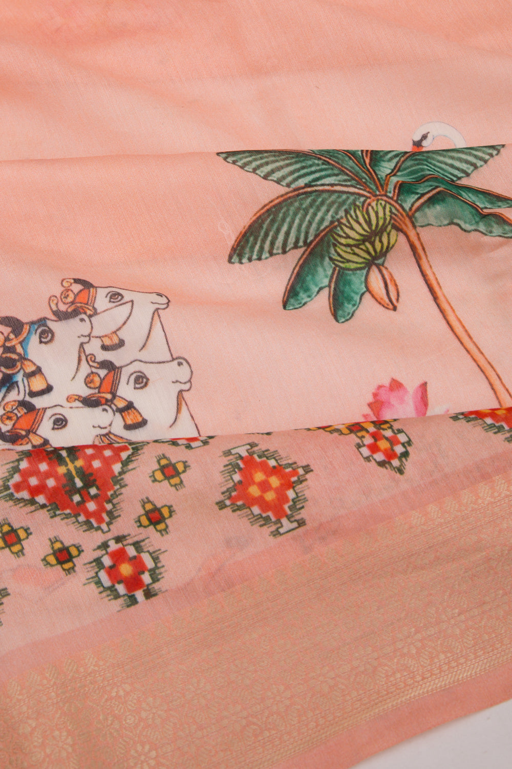 Chanderi Silk Pichwai Printed Peach Saree