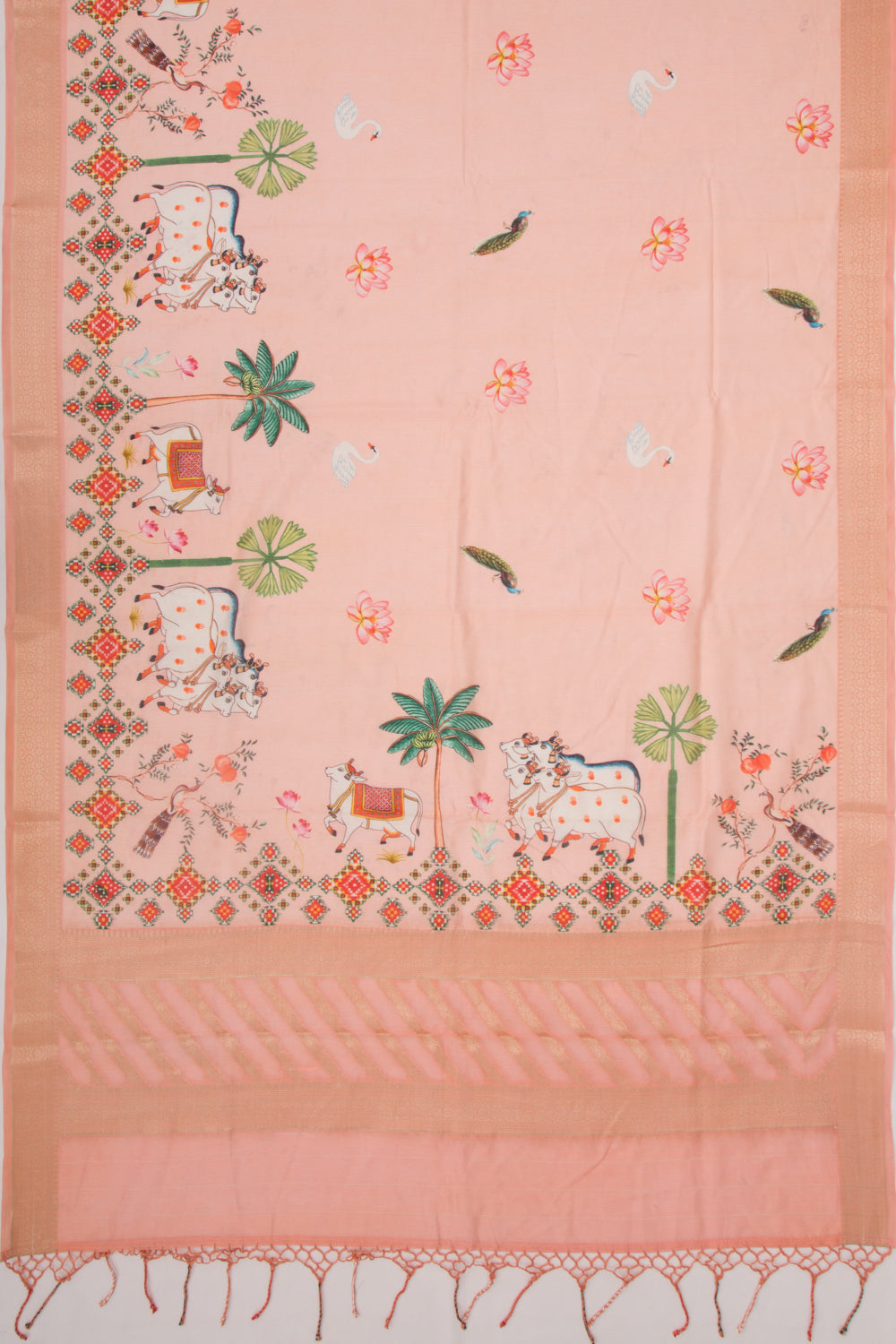 Chanderi Silk Pichwai Printed Peach Saree