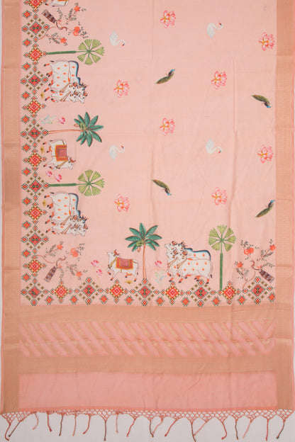 Chanderi Silk Pichwai Printed Peach Saree
