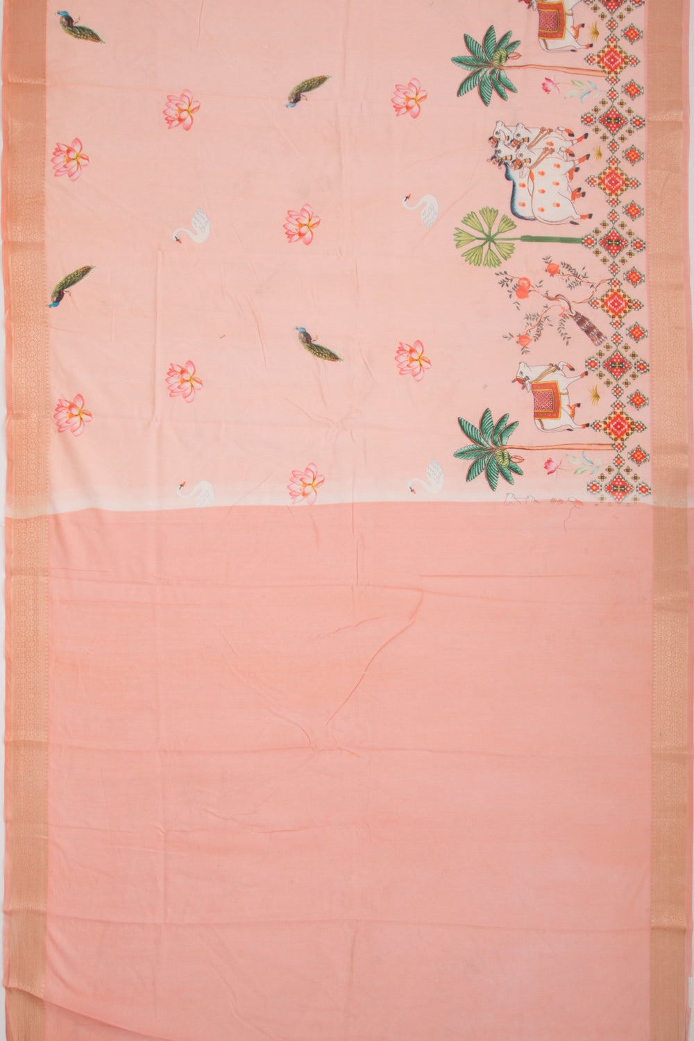 Chanderi Silk Pichwai Printed Peach Saree