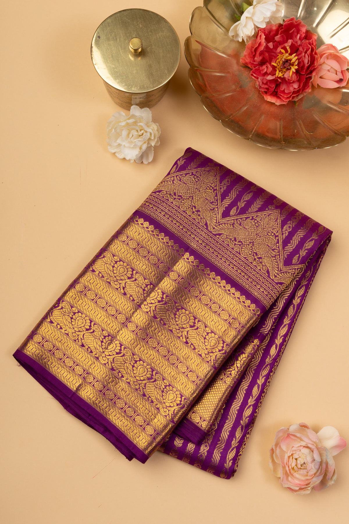 Kanchipuram Silk Vertical Brocade Purple Saree