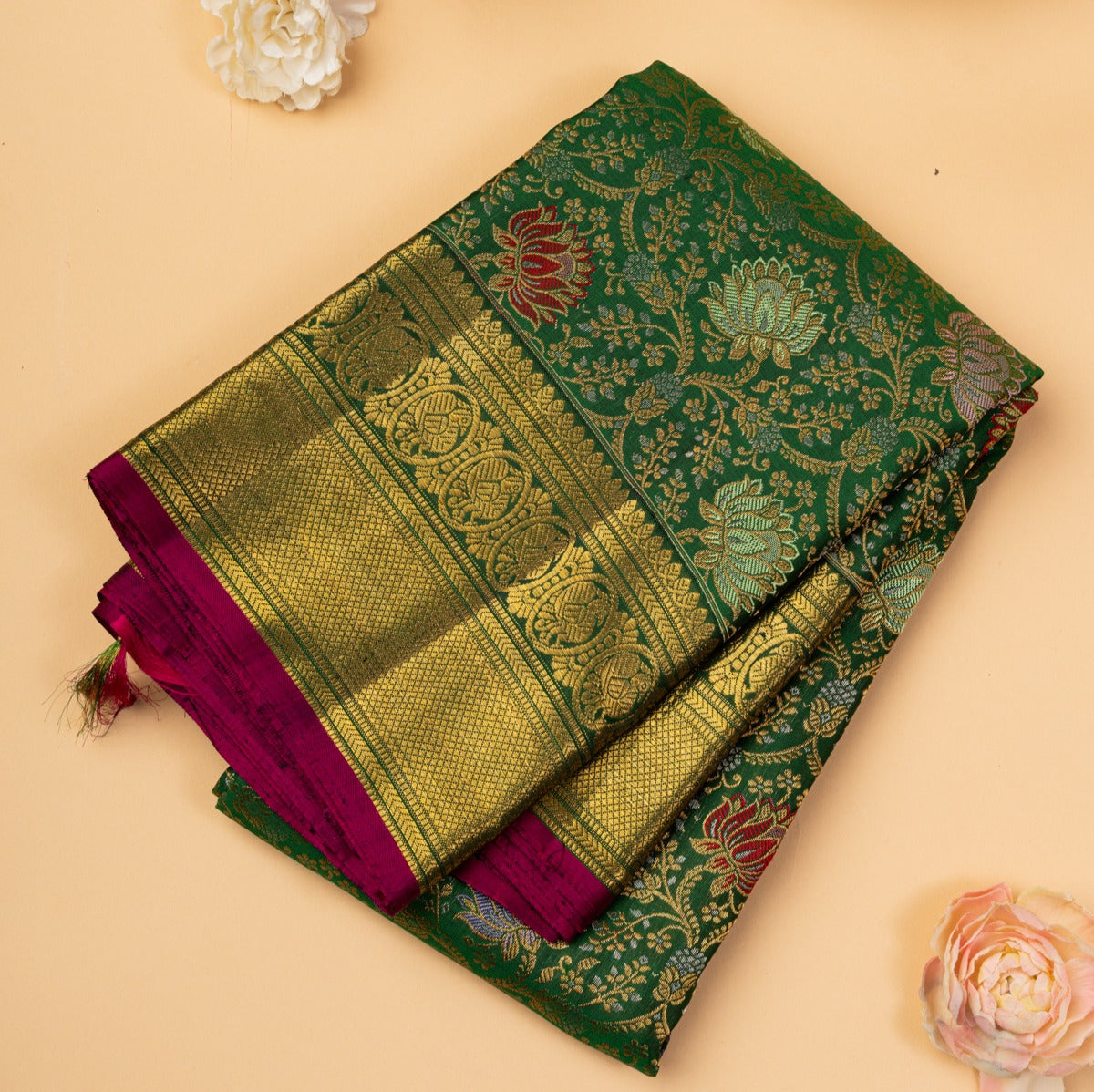 Kanchipuram Silk Brocade Bottle Green Saree