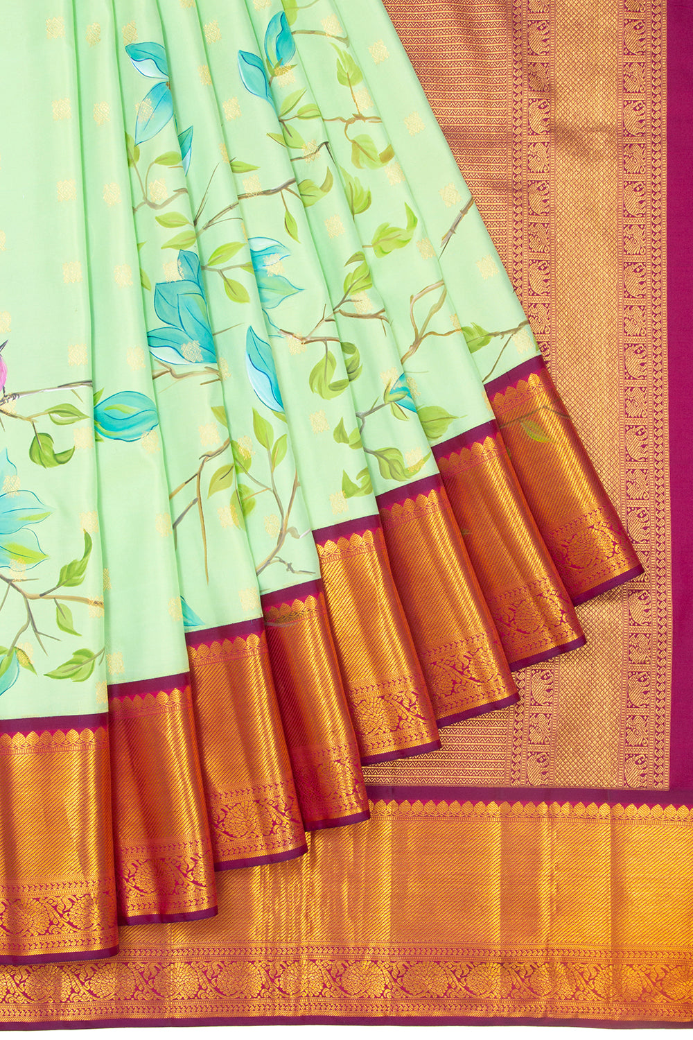 Kanchipuram Silk Butta And Hand Painted Pastel Green Saree