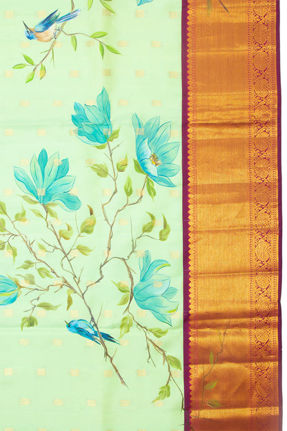 Kanchipuram Silk Butta And Hand Painted Pastel Green Saree