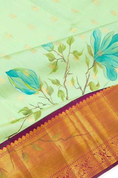 Kanchipuram Silk Butta And Hand Painted Pastel Green Saree