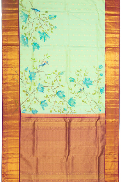 Kanchipuram Silk Butta And Hand Painted Pastel Green Saree
