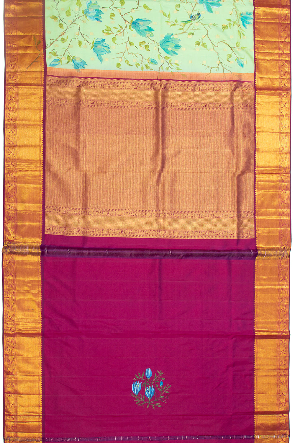 Kanchipuram Silk Butta And Hand Painted Pastel Green Saree