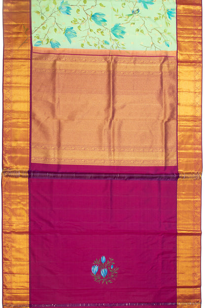 Kanchipuram Silk Butta And Hand Painted Pastel Green Saree