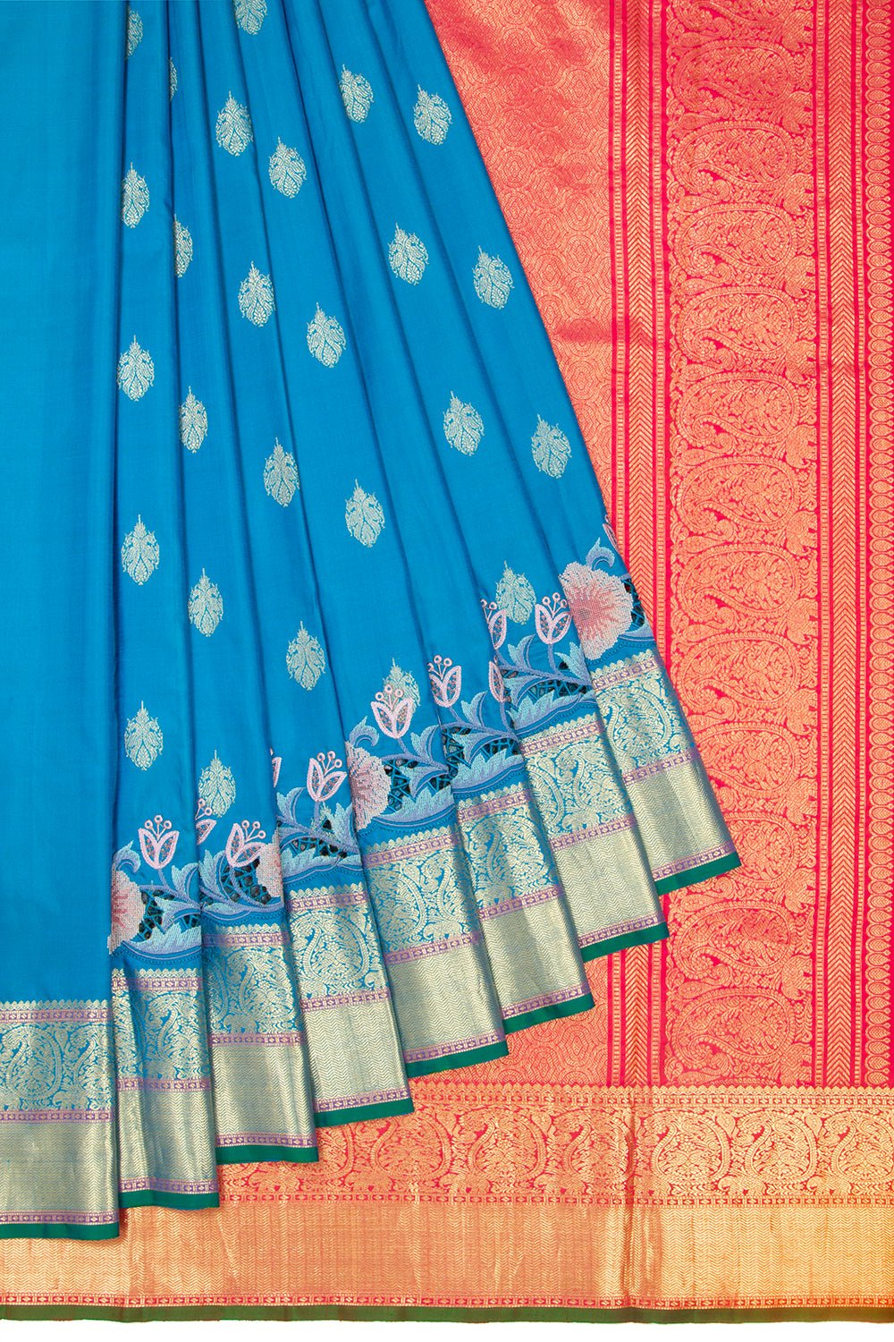 Kanchipuram Silk Butta Blue Saree With Cut Work
