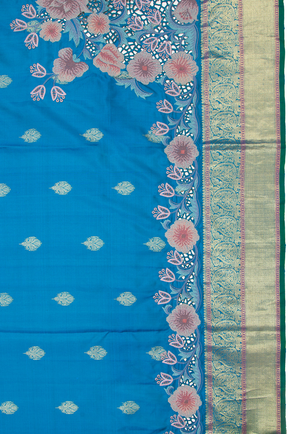 Kanchipuram Silk Butta Blue Saree With Cut Work