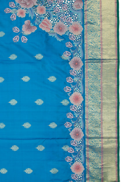 Kanchipuram Silk Butta Blue Saree With Cut Work