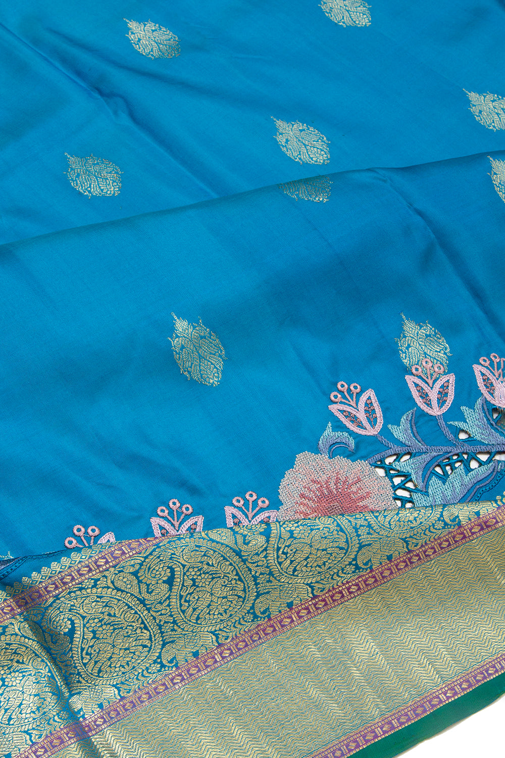 Kanchipuram Silk Butta Blue Saree With Cut Work