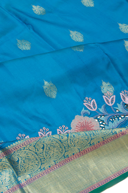 Kanchipuram Silk Butta Blue Saree With Cut Work