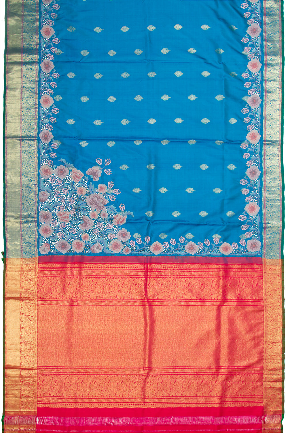 Kanchipuram Silk Butta Blue Saree With Cut Work
