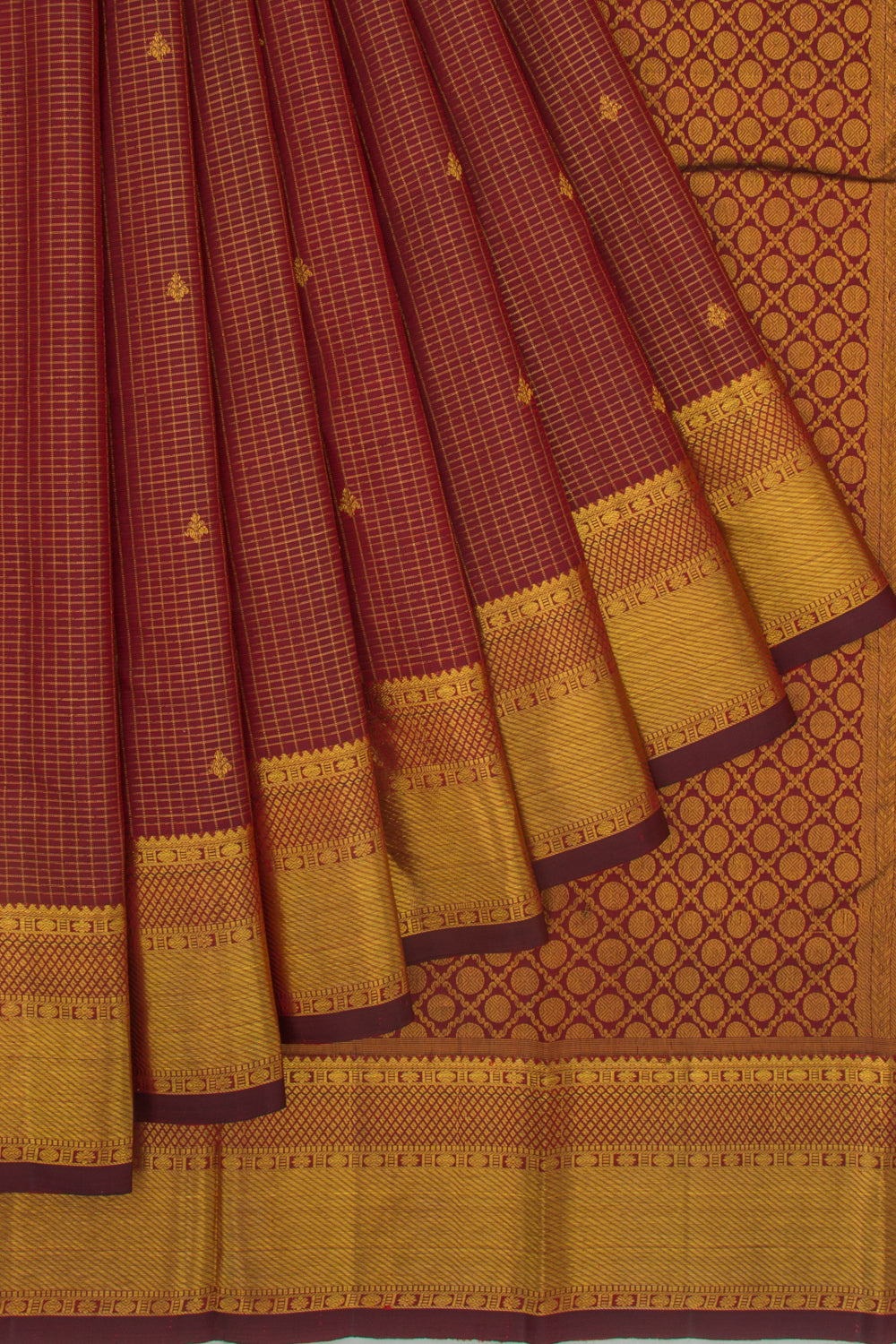 Kanchipuram Silk Checks And Butta Maroon Saree
