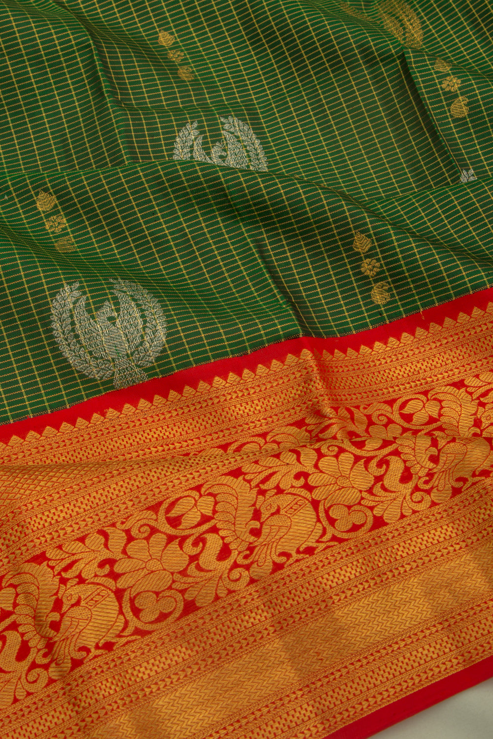 Kanchipuram Silk Checks And Butta Green Saree