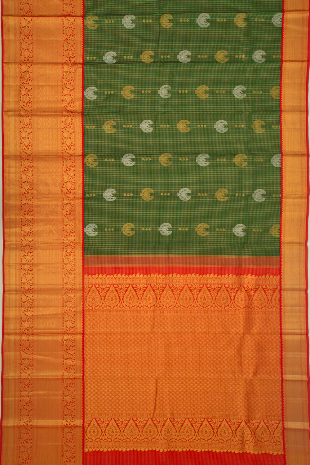 Kanchipuram Silk Checks And Butta Green Saree