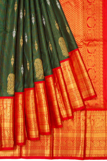 Kanchipuram Silk Checks And Butta Dark Green Saree