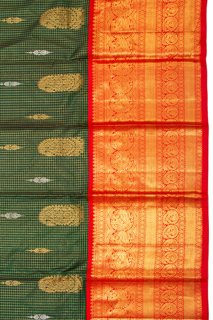 Kanchipuram Silk Checks And Butta Dark Green Saree