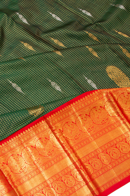 Kanchipuram Silk Checks And Butta Dark Green Saree