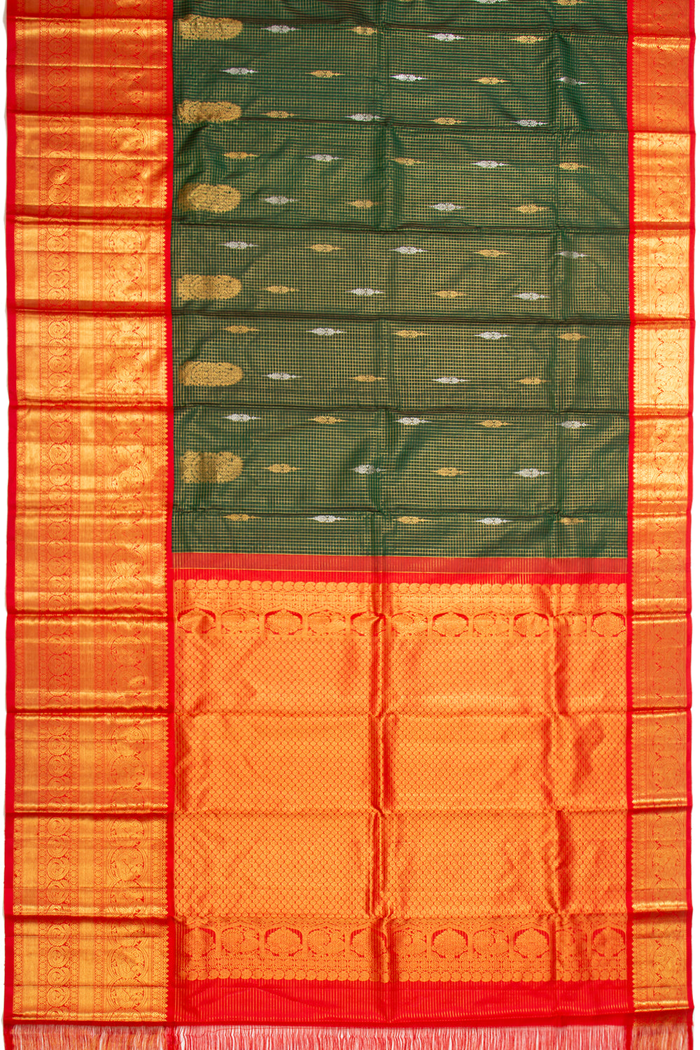 Kanchipuram Silk Checks And Butta Dark Green Saree