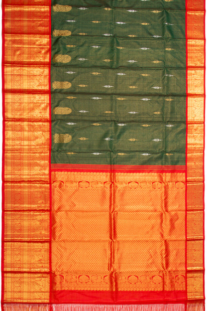 Kanchipuram Silk Checks And Butta Dark Green Saree