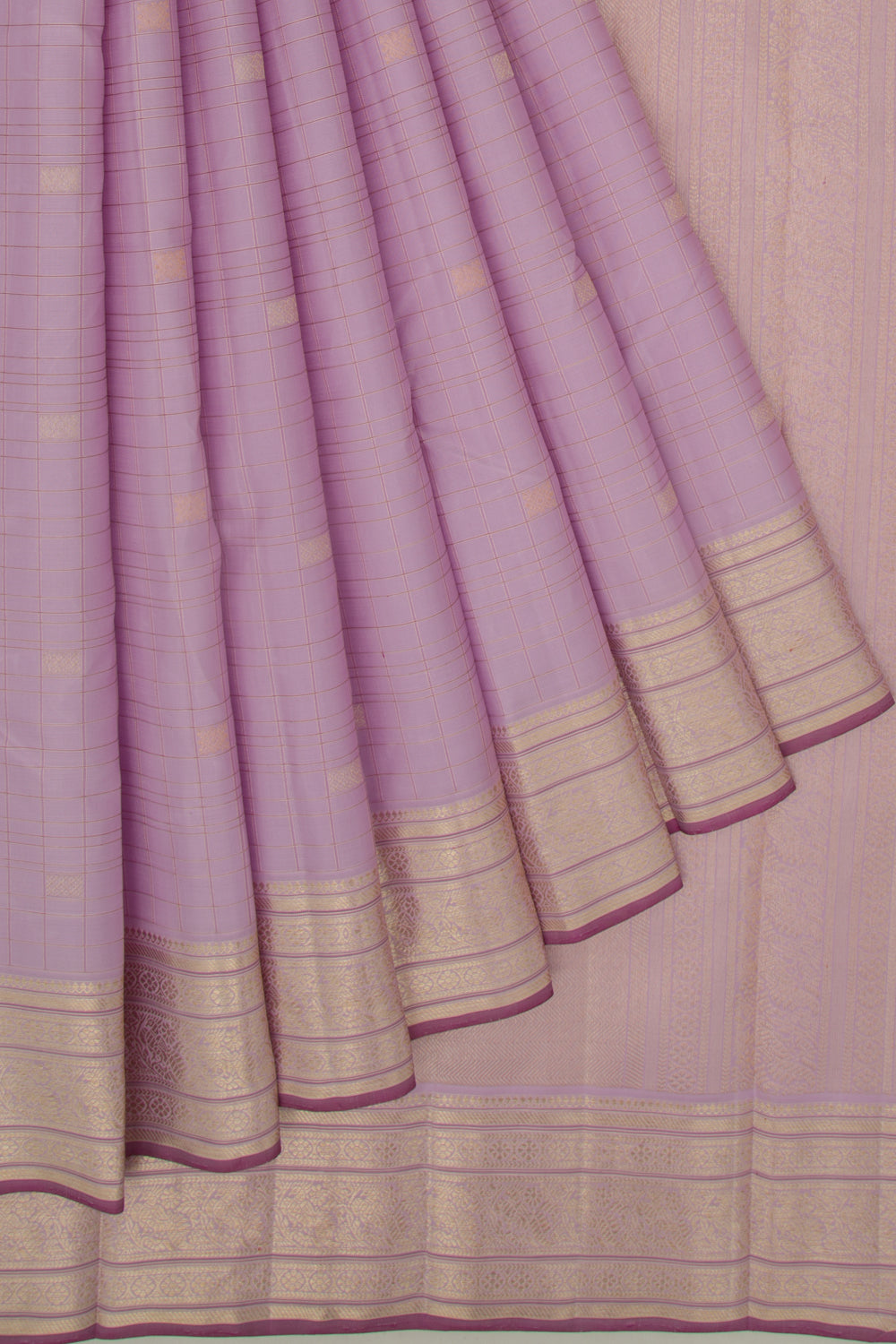 Kanchipuram Silk Checks And Butta Lavender Saree