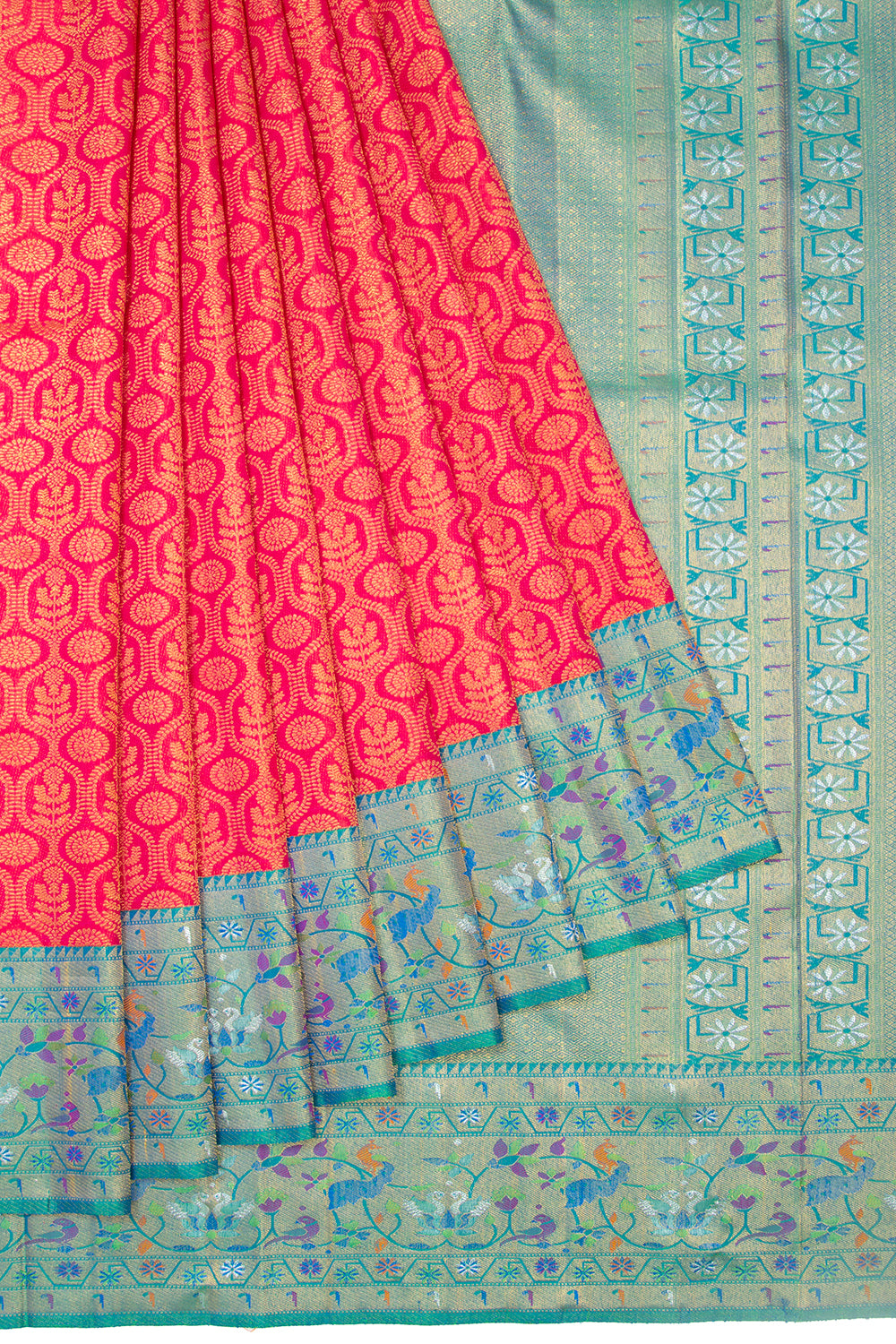 Kanchipuram Silk Tissue Brocade Redish Pink Saree