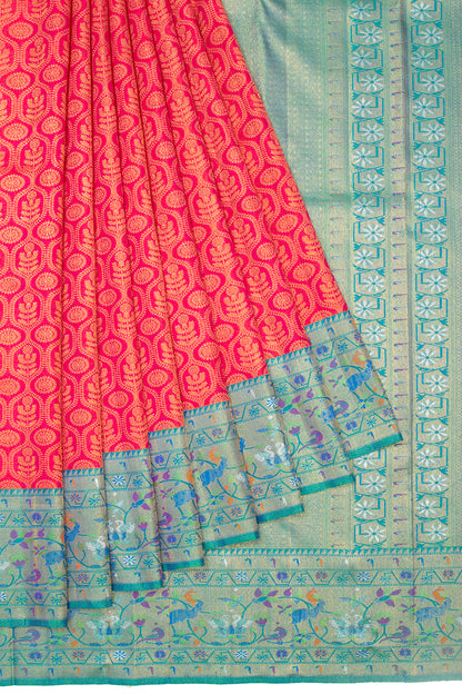Kanchipuram Silk Tissue Brocade Redish Pink Saree
