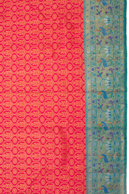 Kanchipuram Silk Tissue Brocade Redish Pink Saree