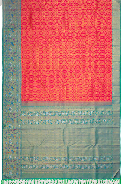 Kanchipuram Silk Tissue Brocade Redish Pink Saree