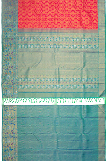 Kanchipuram Silk Tissue Brocade Redish Pink Saree