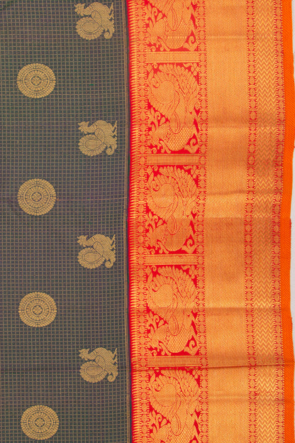 Kanchipuram Silk Checks And Butta Dual Tone Blue And Green Saree