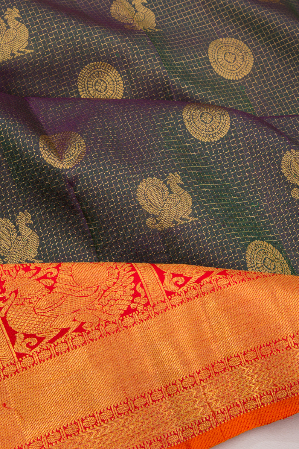 Kanchipuram Silk Checks And Butta Dual Tone Blue And Green Saree