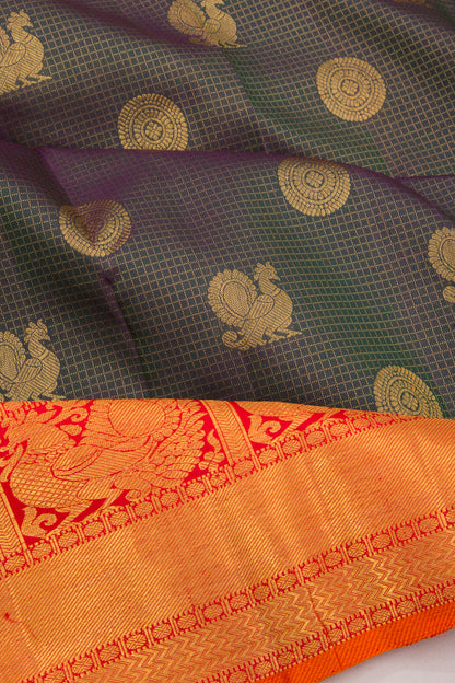 Kanchipuram Silk Checks And Butta Dual Tone Blue And Green Saree